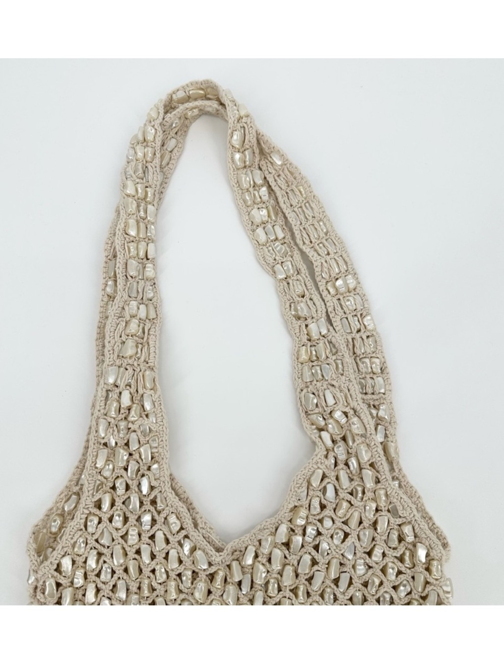 ZARA Pearl Beaded MacrameKnit woven crochet Tote Bag Hobo -Ivory cream - Picture 7 of 10